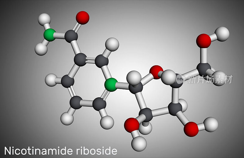 烟酰胺核糖苷NR SR647分子。它是在糖基烟酰胺，吡啶核苷类似于维生素B3。分子模型。三维渲染